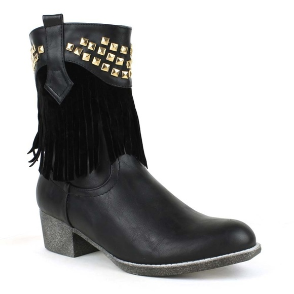 Poppy-06 Studs Fringed Western Mid-Calf Boot - Picture 1 of 3